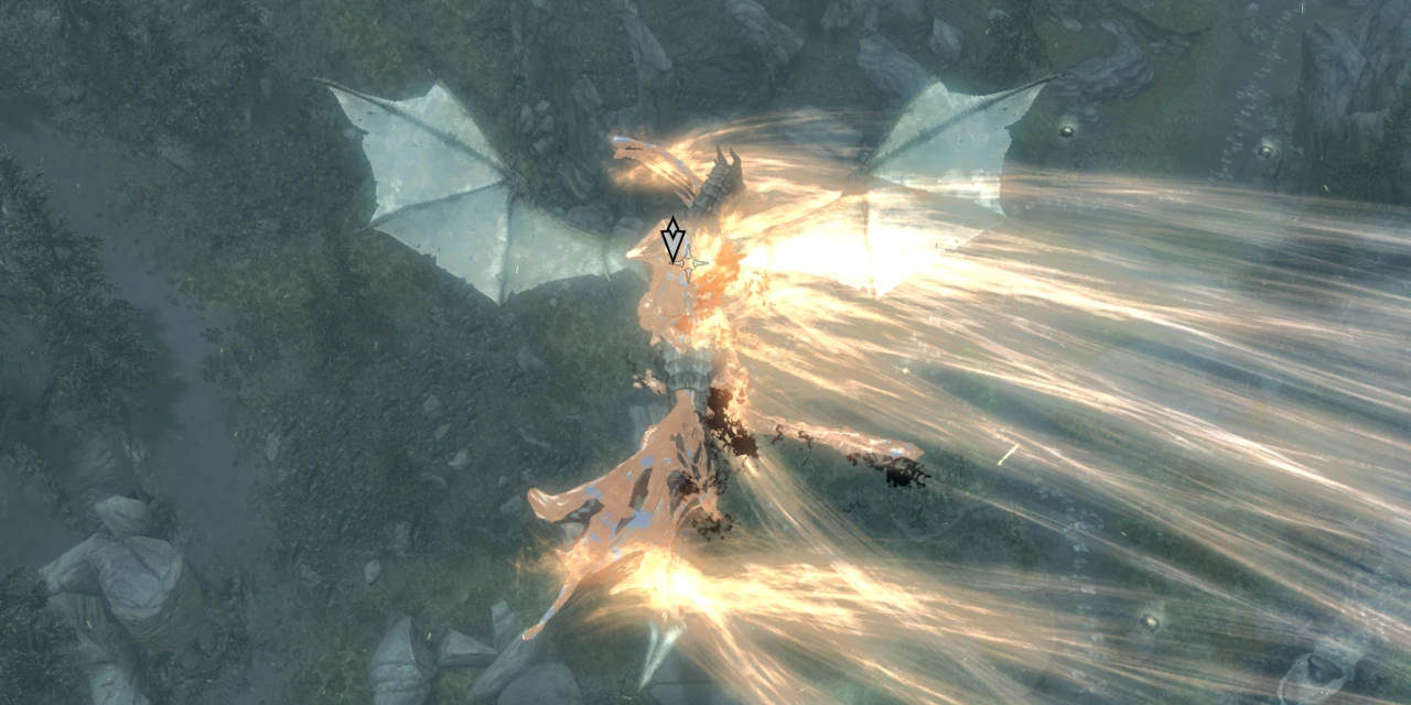 The player - a dragon - clutches a dying Alduin in his claws.  The evil dragon is exploding into energy