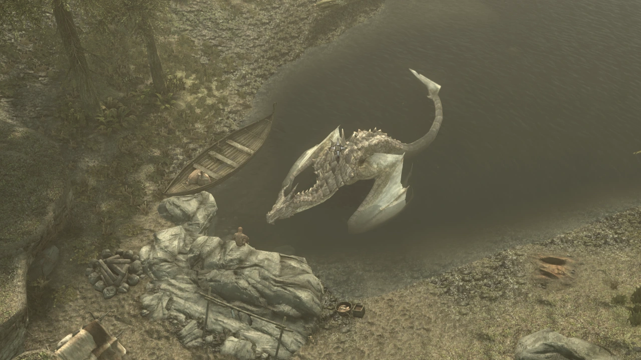 Fahdonmul the dragon lies in the waters of a lake next to a remarkably unconcerned fisherman