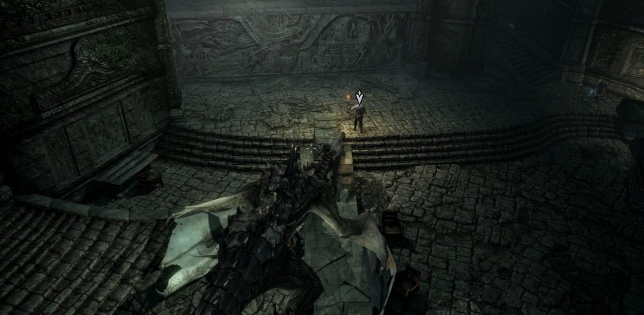 The player - a dragon - sits on the stone table inside the temple while Esbern examines the large historical mural