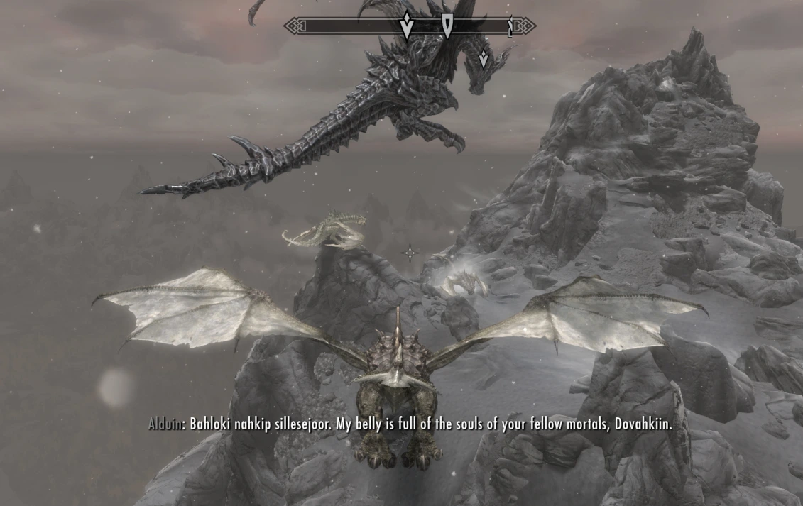 The player - a dragon - prepares to fight the evil dragon Alduin, while Paarthurnax and the dragon from the flashback who is absolutely not supposed to be here, watch