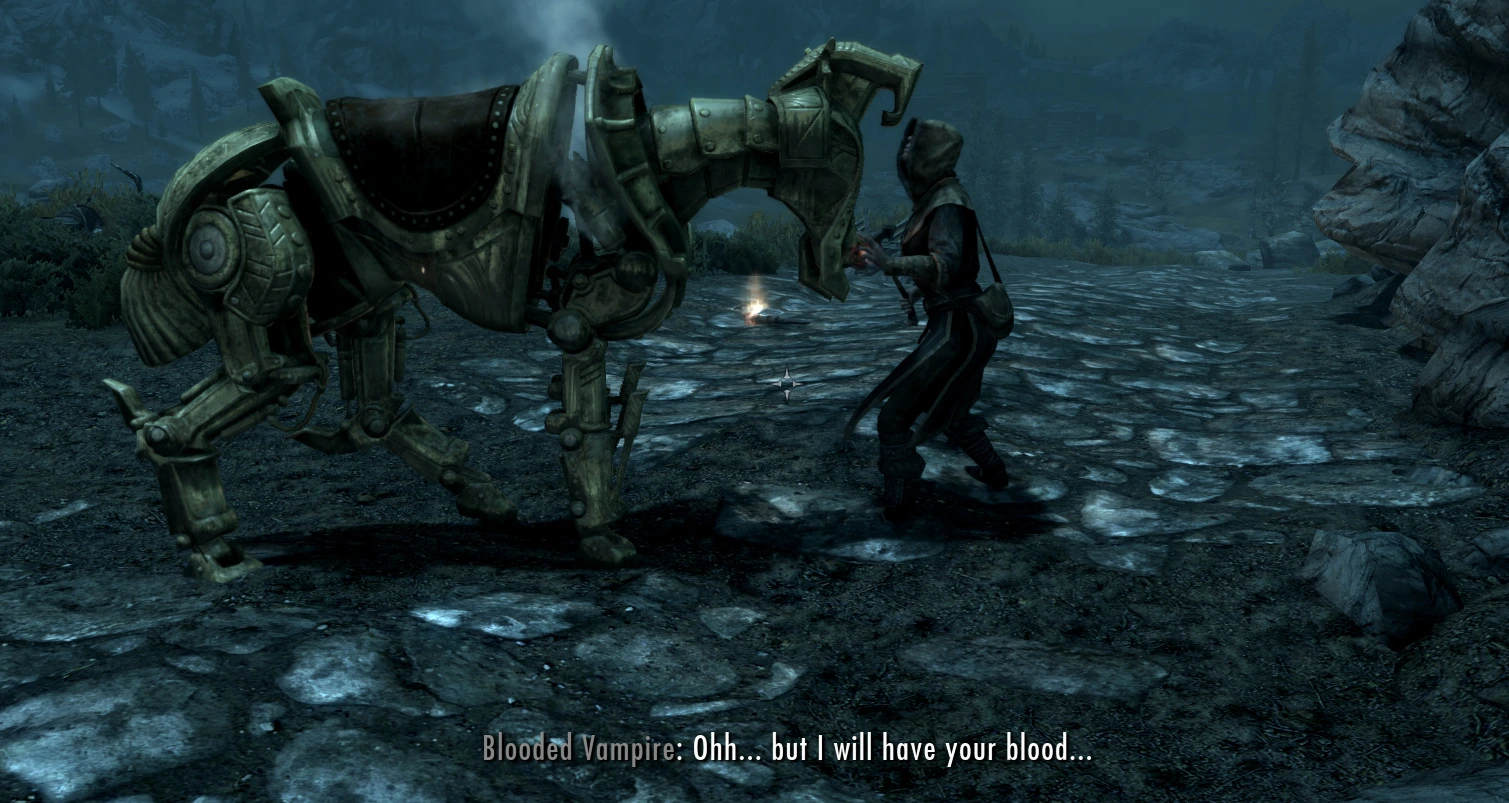 A vampire attempts to drink the blood of a mechanical horse