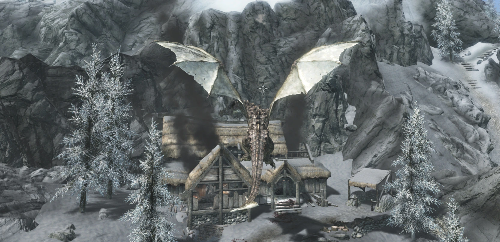The player - a dragon - hovers next to a burning building with a guilty look