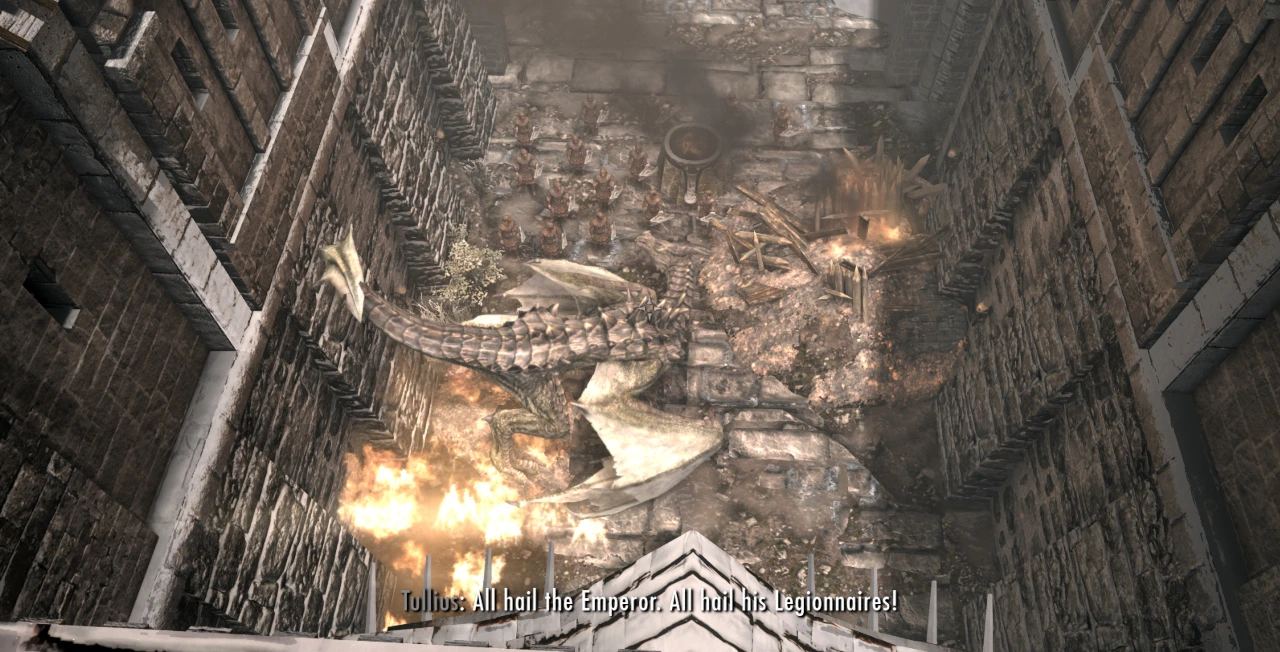 General Tullius gives his congratulations speech while the player - a dragon - watches