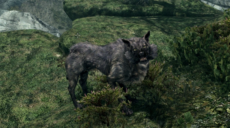 A wolf looking up at the player with lidded eyes as if trying to seduce them